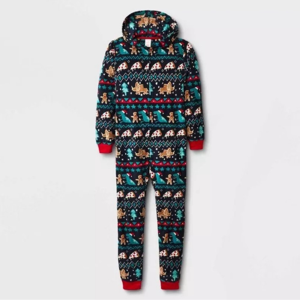 {Cat & Jack} Festive Kids  1 Pc Hooded Fleece Pajamas size L 🦖🎄🍕
